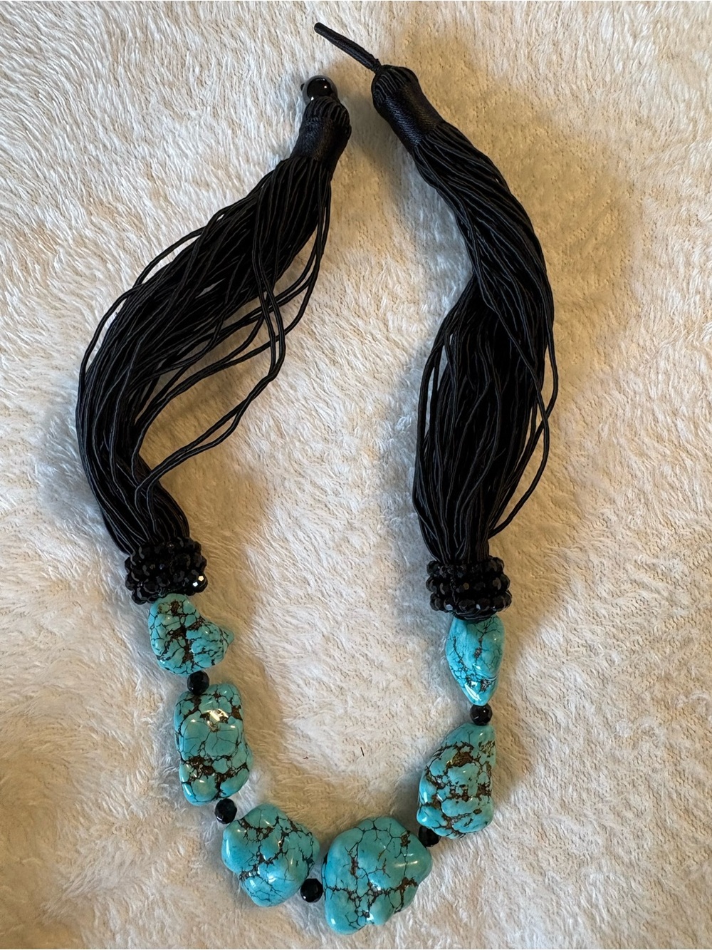 Turquoise Stone Statement Necklace with Black silk Tassels